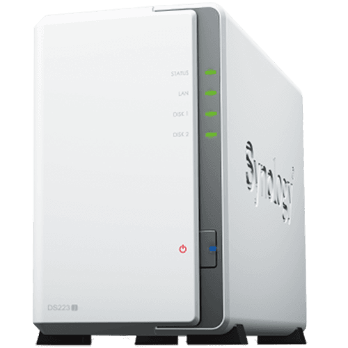 Synology DS223j, Tower, 2-bays 3.5'' SATA HDD/SSD, CPU 4-core 1.7 GHz; 1 GB DDR4 non-ECC; 1 x RJ-45 1GbE LAN Port; 2 x USB 3.2 Gen1; ; 0.88 kg; 2yr warranty