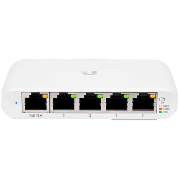 Ubiquiti USW Flex Mini 5-Port managed Gigabit Ethernet switch powered by 802.3af/at PoE or 5V, 1A USB-C power adapter.