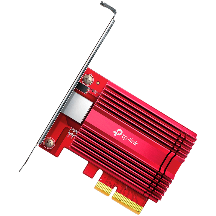 TPLink 10 Gigabit PCI Express Network Adapter, 1× PCI Express 3.0 x4, 1× RJ45 Gigabit/Megabit Port, 10 Gbps, 5 Gbps, 2.5 Gbps, 1 Gbps, and 100 Mbps Base-T connectivity; 1.5 m CAT6A Ethernet Cable, Standard/Low-Profile Brackets