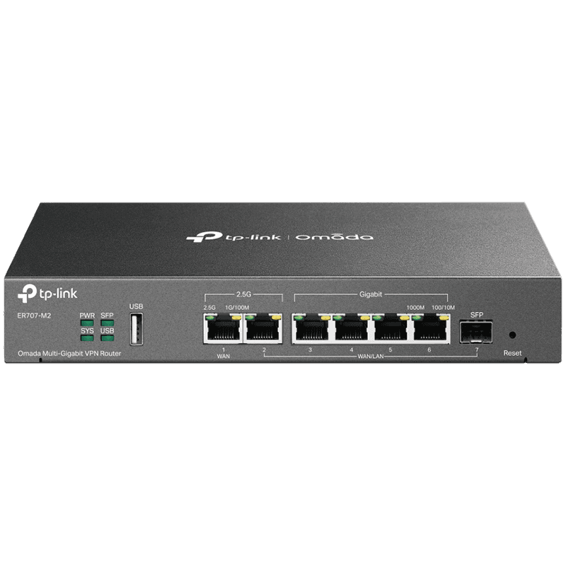 TP-Link ER707-M2 Omada Multi-Gigabit VPN Router,1× 2.5G RJ45 WAN Port,1× 2.5G RJ45 WAN/LAN Port, 1× G SFP WAN/LAN Port, 4× G RJ45 WAN/LAN Ports,1× USB 2.0 port,SSL VPN,OpenVPN,IPsec/ PPTP/ L2TP/ L2TP over IPSec VPN,500000 Conc. Sessions,Load Balance