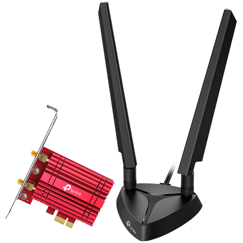 TP-LINK AXE5400 Wi-Fi 6E Bluetooth 5.3 PCIe Adapter, up to 2402 Mbps (6 GHz) + 2402 Mbps (5 GHz) + 574 Mbps (2.4 GHz), IEEE 802.11a/b/g/n/ac/ax, 2× High-Gain Tri-Band Antennas