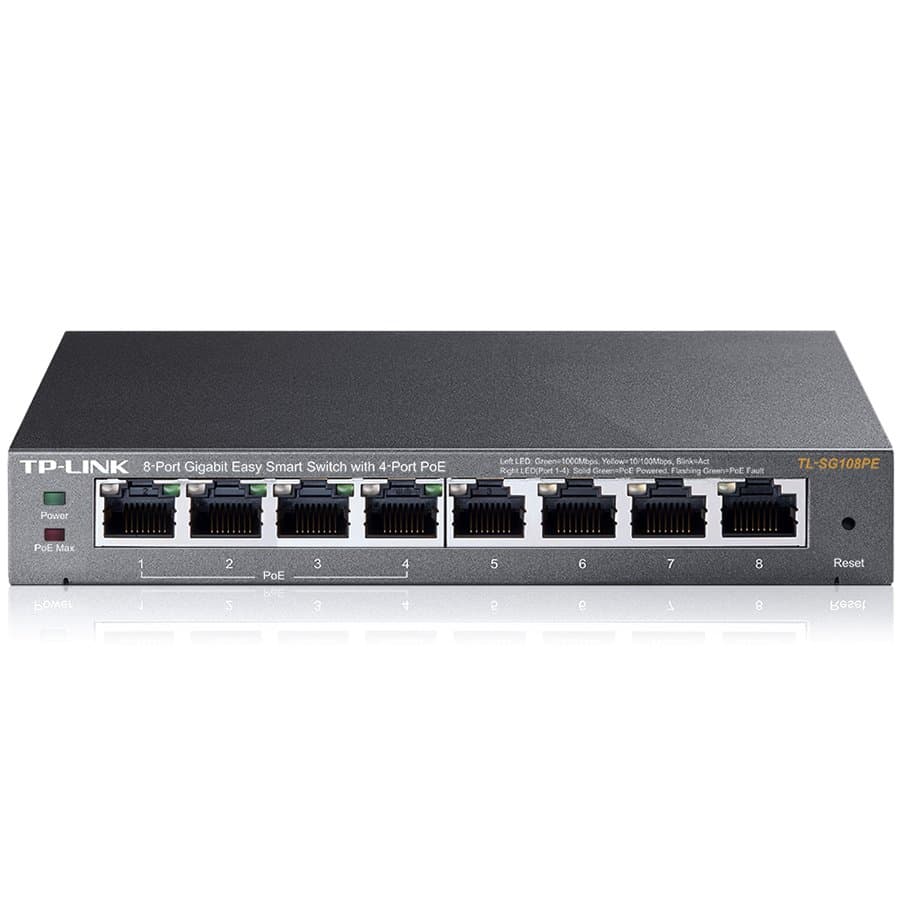TP-Link TL-SG108PE 8-Port Gigabit Desktop PoE+ Easy Smart Switch, 8 Gigabit RJ45 ports including 4 PoE+ ports, 64W PoE Power supply, MTU/Port/Tag-based VLAN, QoS, IGMP Snooping, PoE Auto Recovery, PD Detection,Intelligent Power Management,steel case