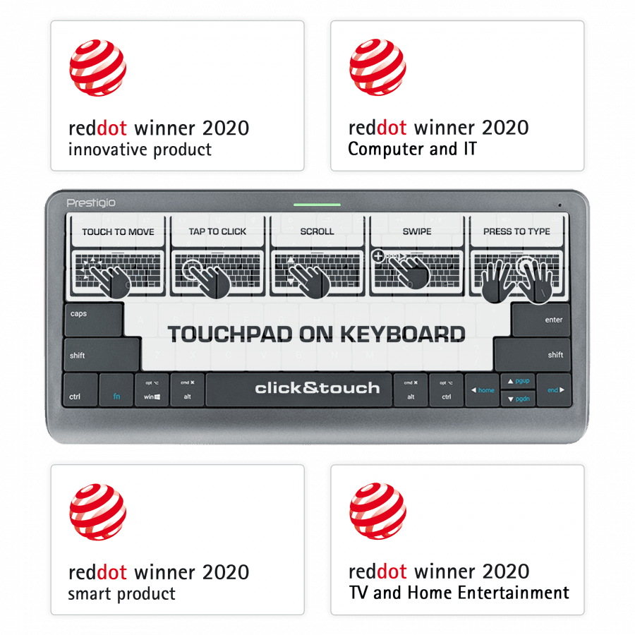 Click&Touch, wireless multimedia keyboard for Smart-TV with touchpad embedded into keys, auto-switch between keyboard and touchpad, connect to 5 devices via Bluetooth, USB dongle and Type-C, LED status indicators, built-in battery, space grey color
