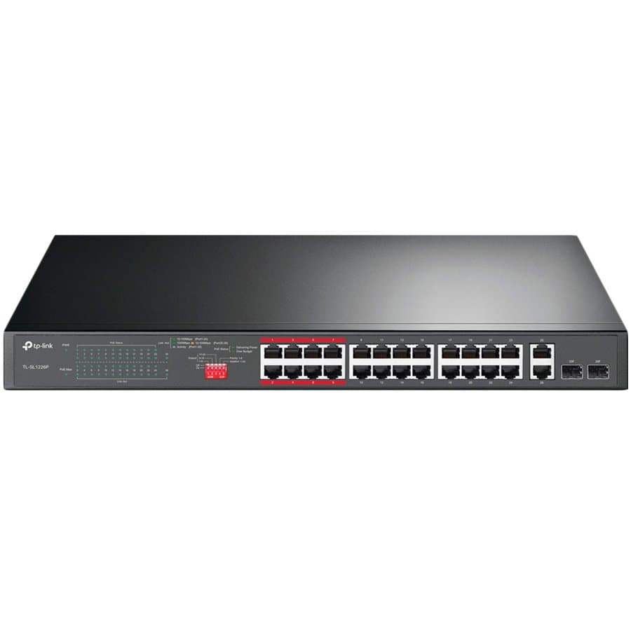 24-port 10/100Mbps Unmanaged PoE+ Switch with 2 combo RJ-45/SFP uplink ports, metal case, rack mount, 24 802.3af/at compliant PoE+ ports, 2 gigabit combo RJ-45/SFP uplink ports, DIP switches for Extend mode, Isolation mode and Priority mode, up to 25