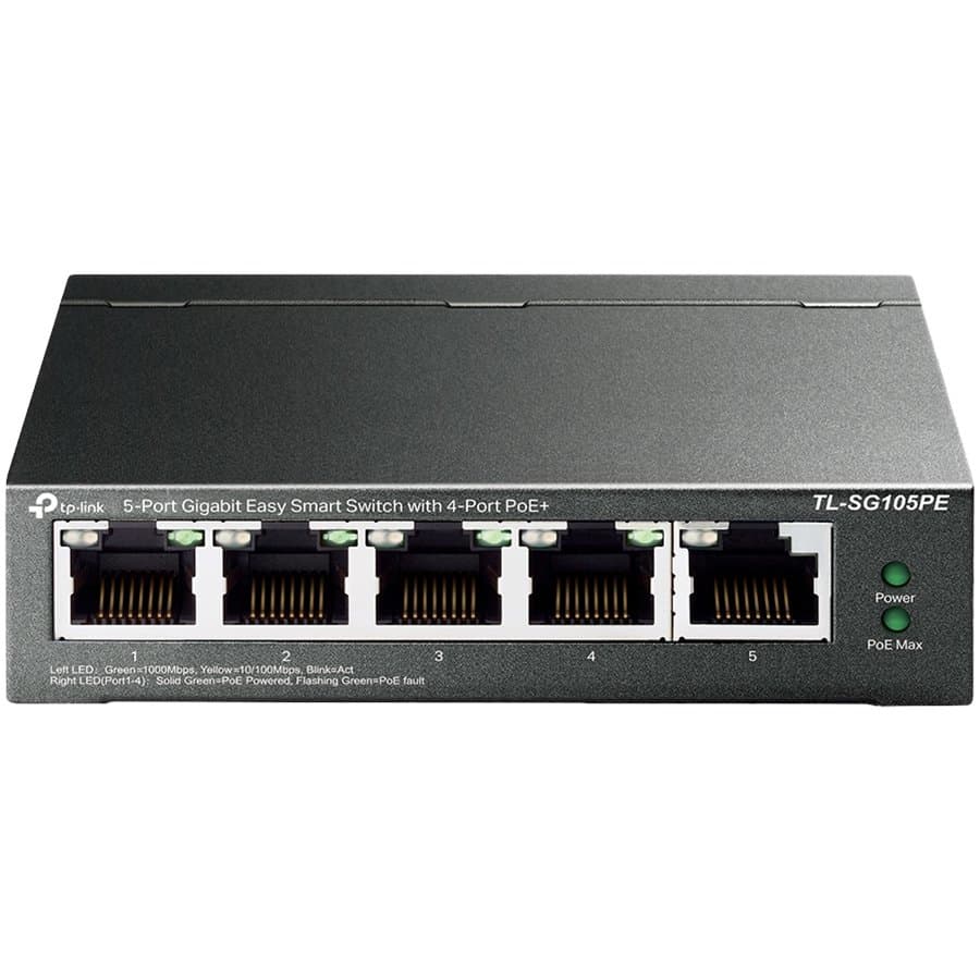 5-Port Gigabit Easy Smart Switch with 4-Port PoE+, metal case, desktop mount, PoE budget 65W, support 802.1q VLAN, QoS, Port Isolation, Loop Prevention, IGMP, PoE Extend mode, easy management via Web UI and Easy Smart Utility.