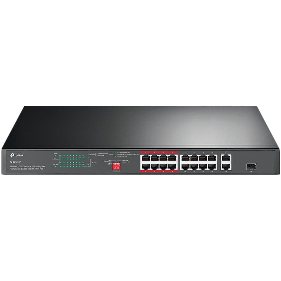 16-port 10/100Mbps + 2-port Gigabit unmanaged switch with 16 PoE+ ports, compliant with 802.3af/at PoE, 150W PoE budget, support 250m Extend Mode, priority mode and Isolation mode, rackmount, plug and play.