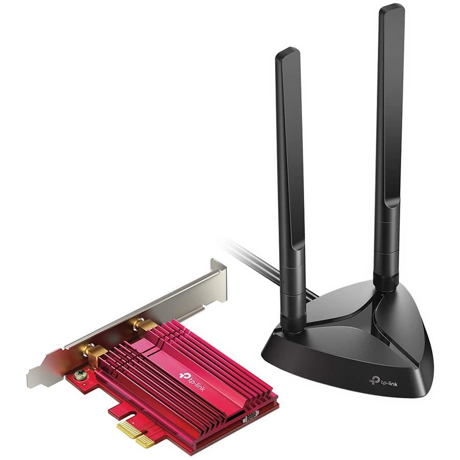11AX 3000Mbps dual-band PCI-E adapter, 2402Mbps at 5G and 574Mbps at 2.4G, support Bluetooth 5.0, WPA2 encryption, two external Antennas.