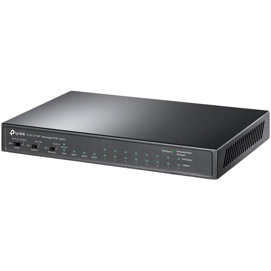 8-port 10/100Mbps Unmanaged PoE switch with 2 Gigabit RJ45 + 1 Gigabit SFP uplink ports, 8 802.3af/at PoE port, Power budget up to 124W, support 250m Extend Mode, Isolation Mode and PoE Auto Recovery Mode.