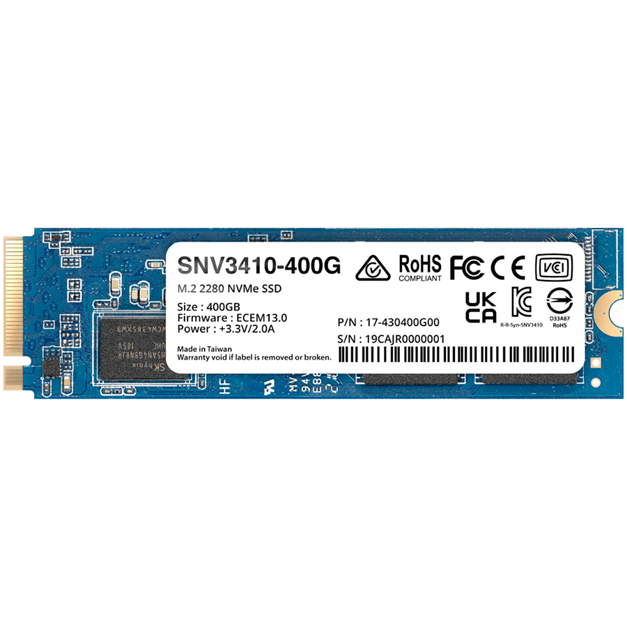 Synology SNV3410 400GB Enterprise NVMe m.2 2280 SSD, NVMe PCIe 3.0 x4, Read/Write(128 KB, QD32) 3,000 /750 MB/s, MTBF : 1.8 million hours