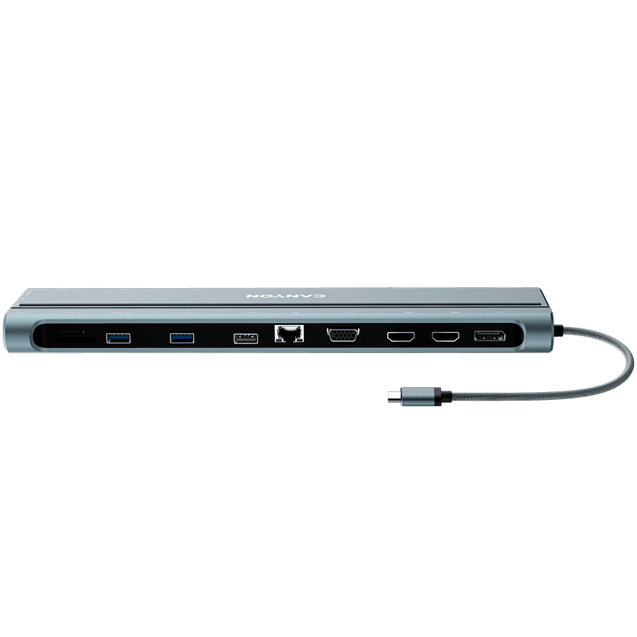 CANYON DS-90, 14 in 1 hub, with Type C female *2,Type C male *1:max 10Gbps,USBA*3:max 10Gbps,DP*1,VGA*1,SD card slot*1,TF card slot*1,Audio 3.5 audio*1,HDMI*2,RJ45*1,cable length 0.20m,Aluminum alloy housing,76*22.5*301mm,Dark grey