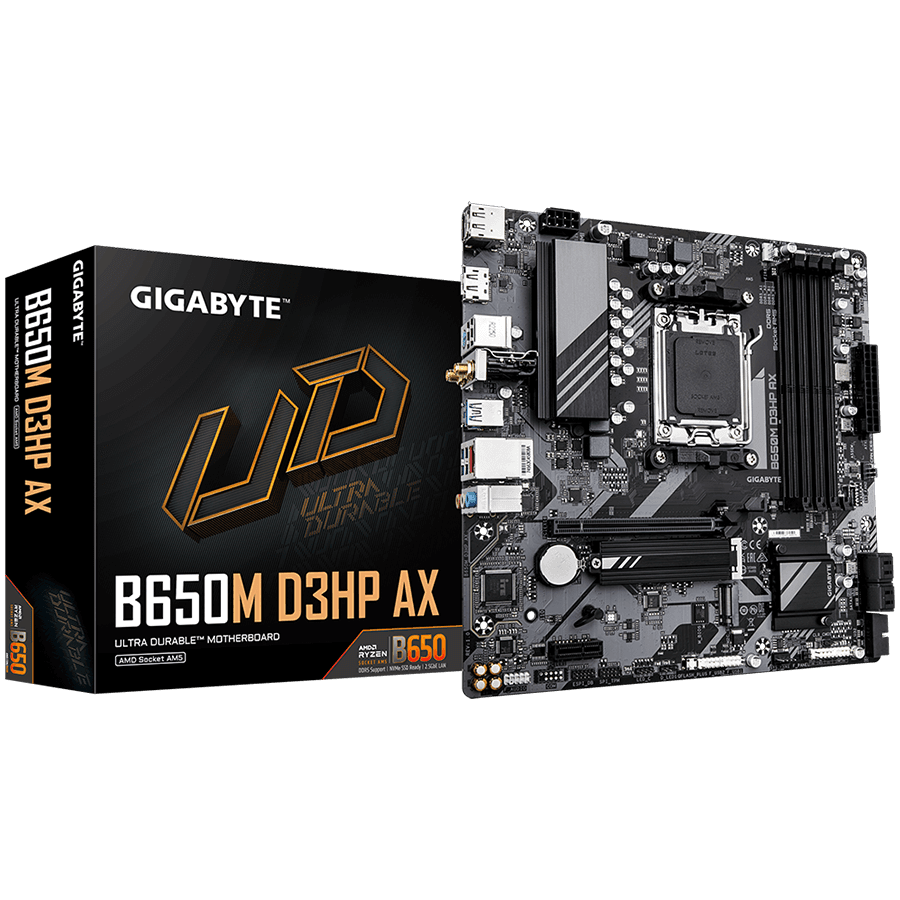 GIGABYTE Mainboard Desktop B650M D3HP AX (AM5, 4xDDR5, 1xHDMI, 2xDP, 2.5GbE LAN, Wi-Fi 6E 802.11ax, mATX, Retail)