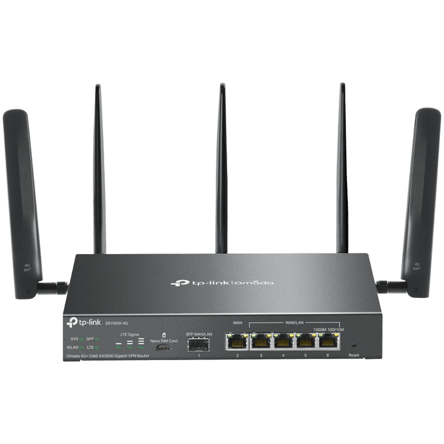TP-Link ER706W-4G Omada 4G+ Cat6 AX3000 Gigabit VPN Router, 1× G SFP WAN/LAN, 1× G RJ45 WAN, 4× G WAN/LAN RJ45, 1 Nano SIM slot, 574Mbps at 2.4 GHz + 2402 Mbps at 5 GHz, 300 Mbps Download LTE Speed, 2× Detachable LTE Ant., 3× Detachable Wi-Fi Ant.