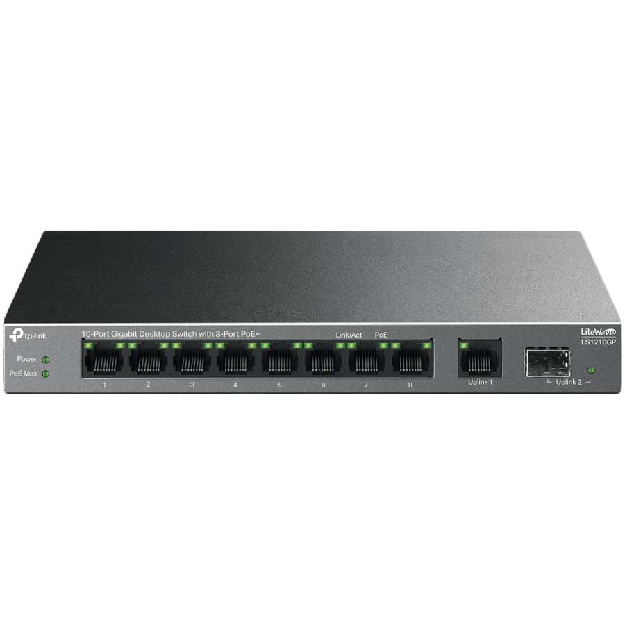 TP-Link LS1210GP 10-Port Gigabit Desktop Switch with 8-Port PoE+, 8× Gigabit PoE+ Ports, 1x Gigabit Non-PoE Port, 1× Gigabit SFP Slot, 61 W PoE Power, Desktop Steel Case, Extend Mode for 250m PoE Transmitting, Isolation Mode, PoE Auto Recovery