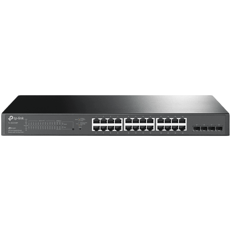 TP-Link SG2428P Omada 28-Port Gigabit Smart Switch with 24-Port PoE+, 24× Gigabit 802.3af/at PoE+ ports and 4× Gigabit SFP slots, 250 W total PoE budget, Omada app, Static Routing, VLAN, ACL, QoS, IGMP Snooping, Zero-Touch Provisioning