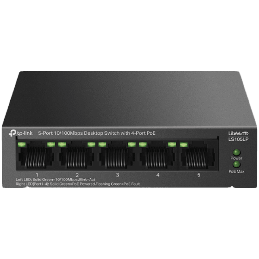 TP-Link LS105LP 5-Port 10/100 Mbps Desktop Switch with 4-Port PoE, 4× 10/100 Mbps PoE Ports, 1× 10/100 Mbps Non-PoE Port, 802.3af, 41 W PoE Power, Desktop Steel Case, Extend Mode for 250m PoE Transmitting, PoE Auto Recovery, Plug and Play