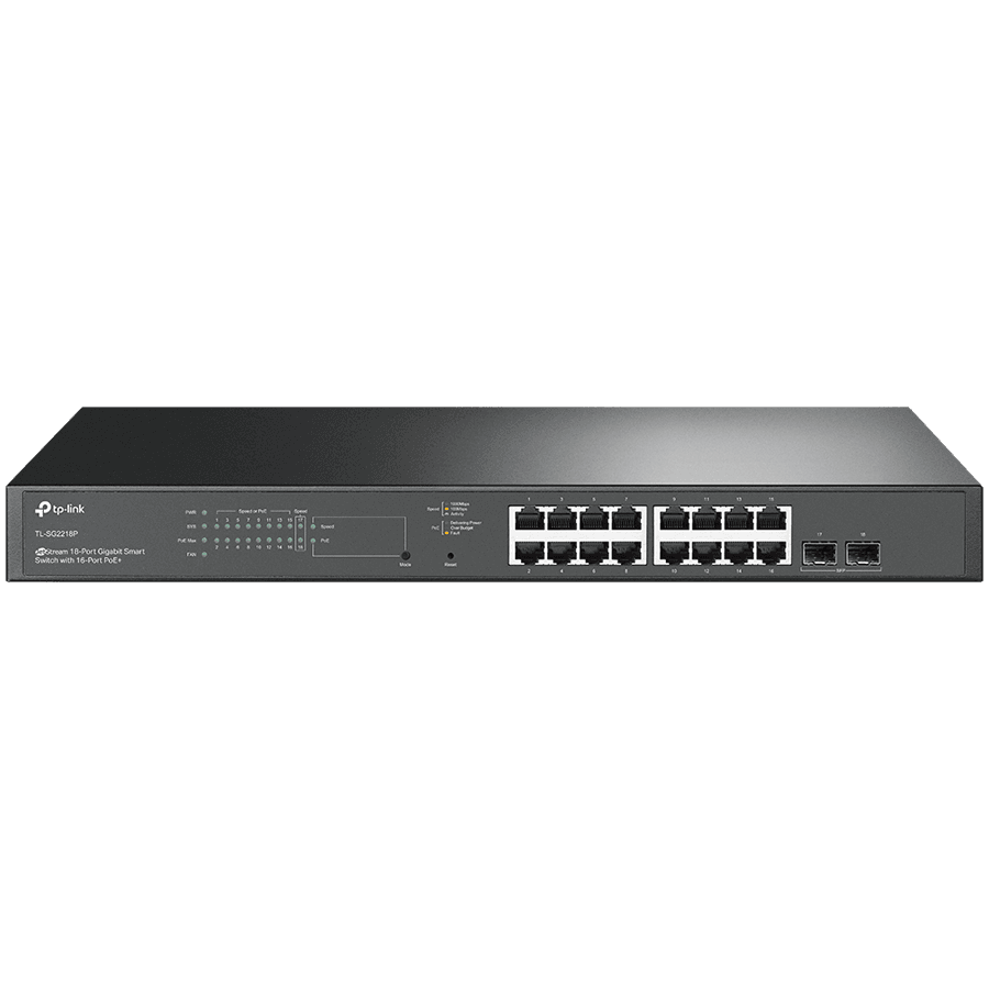 TP-Link SG2218P Omada 18-Port Gigabit Smart Switch with 16-Port PoE+, 16× Gigabit 802.3af/at PoE+ ports and 2× Gigabit SFP Slots, 150 W total PoE budget, Centralized cloud management via the web or the Omada app, Static Routing, VLAN, ACL, QoS, IGM