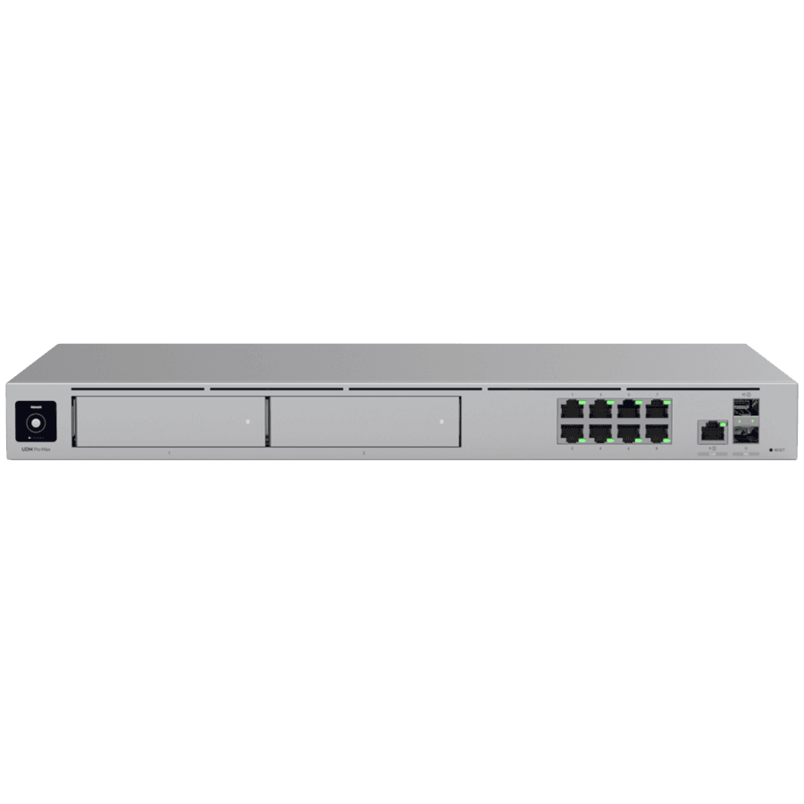 Ubiquiti rack-mount Cloud Gateway with 10 Gbps performance, multi-WAN load balancing, and two NVR drive bays designed for large-scale, multi-application UniFi sites