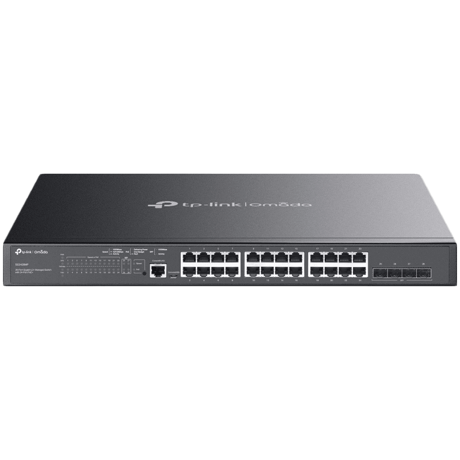 TP-Link SG3428MP Omada 28-Port Gigabit L2+ Managed Switch with 24× Gigabit 802.3af/at PoE+ ports and 4× Gigabit SFP slots, 384 W total PoE budget, Omada app, Static Routing, VLAN, ACL, QoS, IGMP Snooping, OAM, and DDM, ERPS, Zero-Touch Provisioning