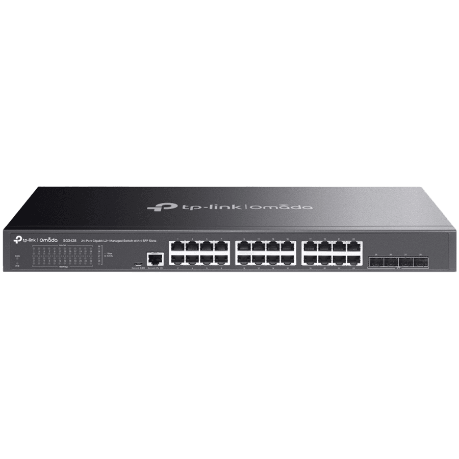 TP-Link SG3428 Omada 24-Port Gigabit L2+ Managed Switch with 4 SFP Slots, 24× Gigabit RJ45 ports and 4× Gigabit SFP slots, Omada APP, Static Routing, VLAN, ACL, QoS, IGMP Snooping, OAM, DDM, ERPS, Fanless, 1U, Zero-TouchProvisioning, ERPS