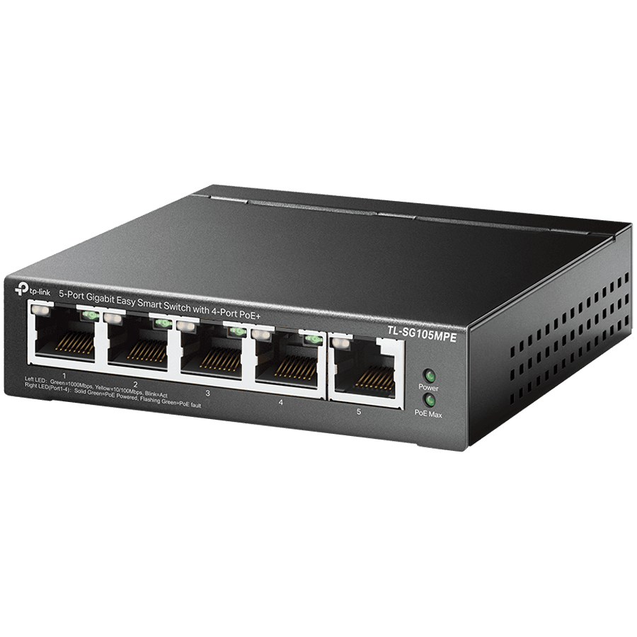 5-Port Gigabit Easy Smart Switch with 4-Port PoE+ 4× Gigabit PoE+ Ports, 1× Gigabit Non-PoE Ports 802.3af/at, 120 W PoE Power, Desktop Steel Case PoE Auto Recovery, MTU/Port/Tag-based VLAN, QoS, IGMP Snooping, Web/Utility Management, Plug and Play