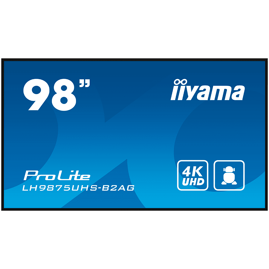 IIYAMA LFD LH9875UHS-B2AG  98" 4K UHD Professional Digital Signage display featuring Android OS, iiSignage² and OPS PC slot landscape, portrait Android 11 OS, iiSignage², FailOver, EShare