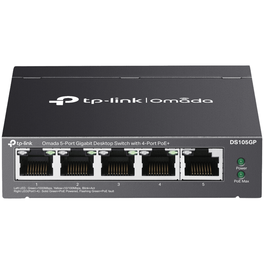 Omada 5-Port Gigabit Desktop Switch with 4-Port PoE+ PORT: 4× Gigabit PoE+ Ports, 1× Gigabit Non-PoE Port SPEC: 802.3af/at, 65 W PoE Power, Desktop Steel Case FEATURE: Plug and Play