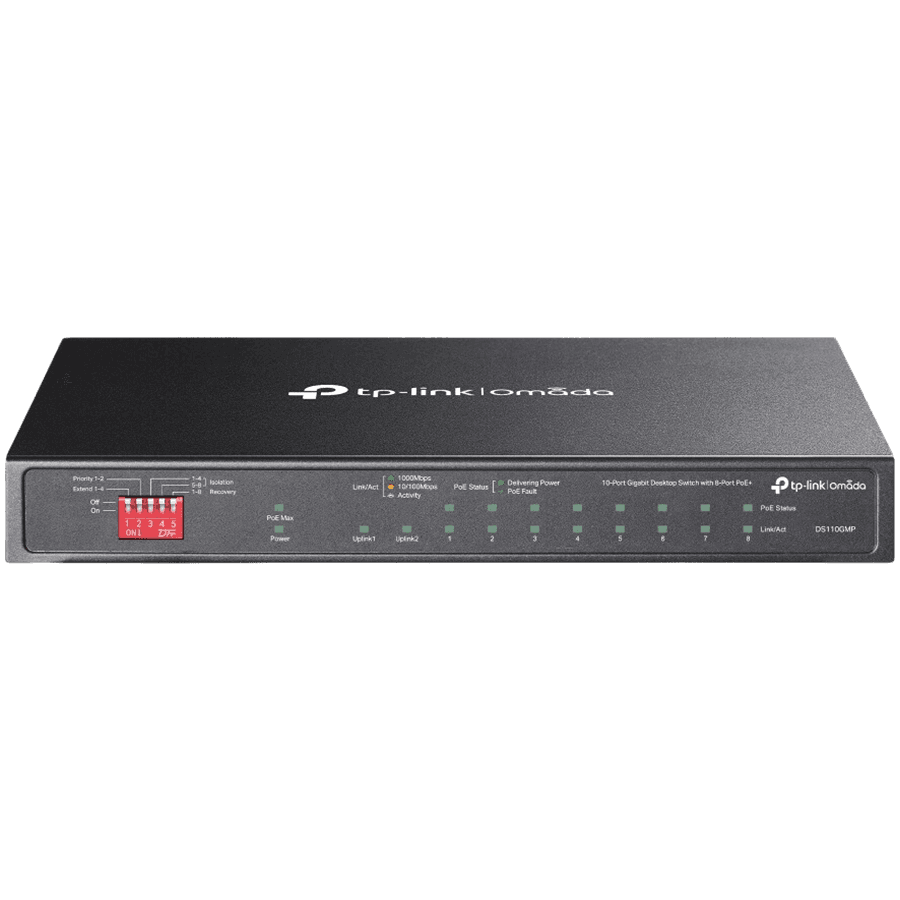 Omada 10-Port Gigabit Desktop Switch with 8-Port PoE+ 8× Gigabit PoE+ Ports, 2x Gigabit Non-PoE Ports, 1× Combo Gigabit SFP Slot 802.3at/af, 123 W PoE Power, Desktop Steel Case Extend Mode for 250m PoE Transmitting, Priority Mode for Port1-2,