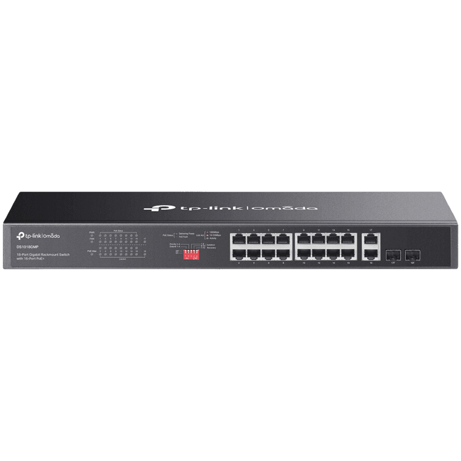 Omada 18-Port Gigabit Rackmount Switch with 16-Port PoE+ PORT: 16× Gigabit PoE+ Ports, 2× Gigabit Non-PoE Ports, 2× Combo Gigabit SFP Slots SPEC: 802.3at/af, 250 W PoE Power, 1U 19-inch Rack-mountable Steel Case FEATURE: Plug and Play