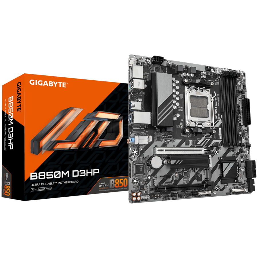GIGABYTE Mainboard Desktop B850M D3HP (AM5, 4xDDR5, 2xDP, 1xHDMI, GLAN, 1x PCIe x16 5.0, 1xPCIe x16 supporting PCIe 3.0 x4, 2xM.2, 4xSATA3) mATX