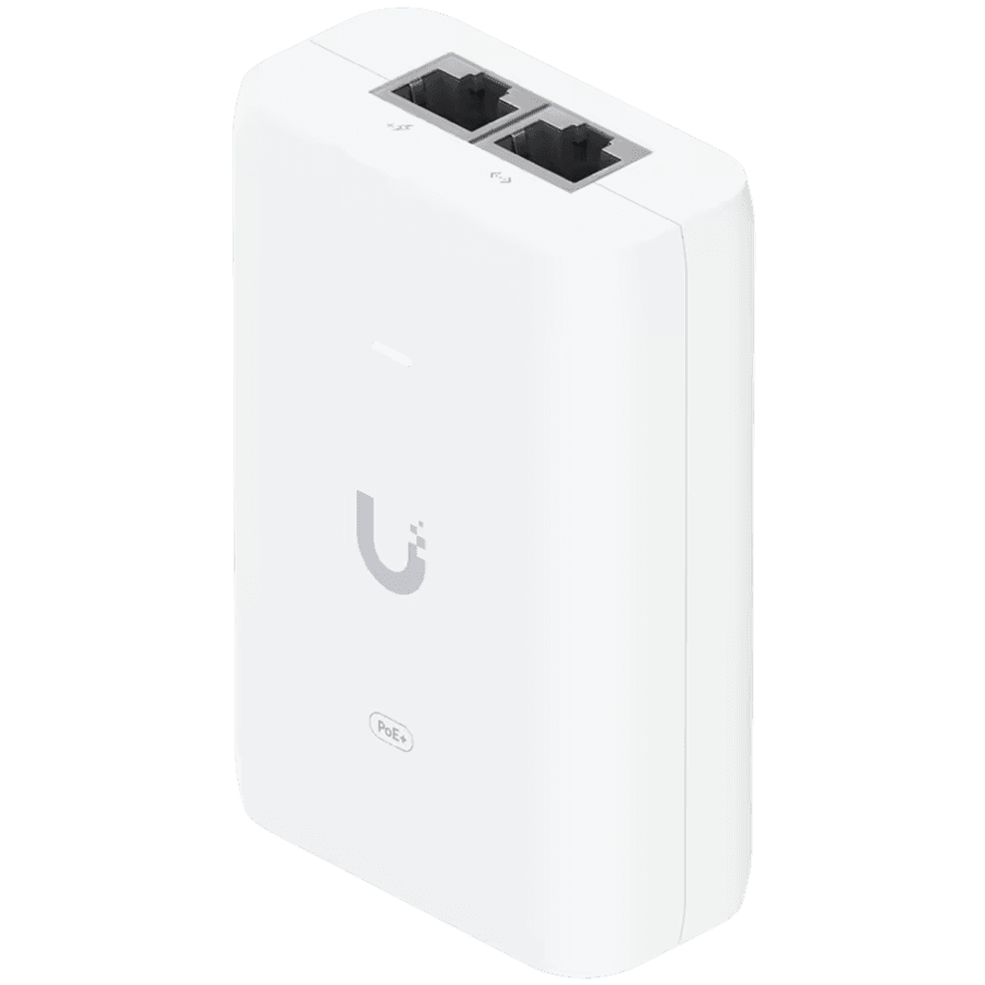 Ubiquiti U-POE+ adapter 30W, powers UniFi PoE+ devices, reduce dependency on PoE switch power, Contains RJ45 data input, AC cable with earth ground, and PoE+ output