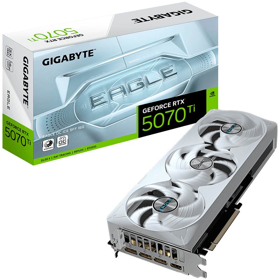 GIGABYTE Video Card NVIDIA GeForce RTX 5070 Ti EAGLE OC ICE SFF 16G (16GB GDDR7/256bit, PCI-E 5.0, Recommended PSU 750W, 3xDP, 1xHDMI) ATX white