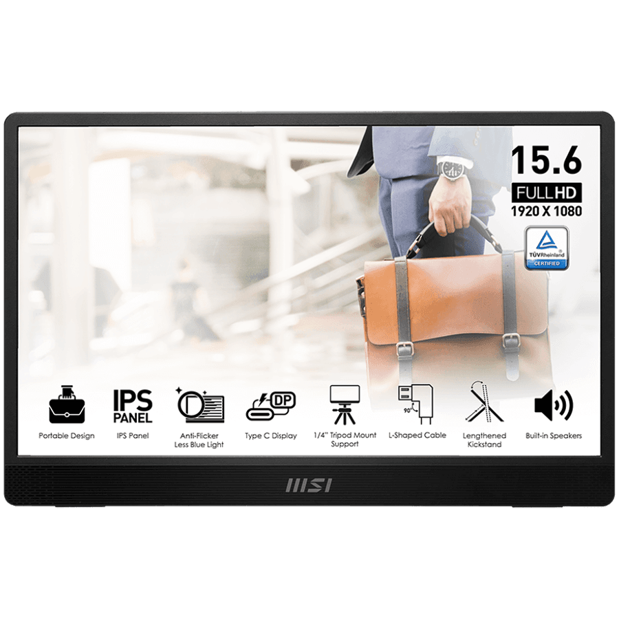 MSI PRO MP161 E2 Portable Monitor, 15.6", 60Hz FHD (1920 x 1080), 16:9, IPS, 250NITS, CR 800:1, 4ms (GTG), Anti-glare, 1x MiniDP, 2x Type-C (DP 1.2a signal with Alt mode & 15W Power Delivery / Power Input), 2x 1.5W Speakers,