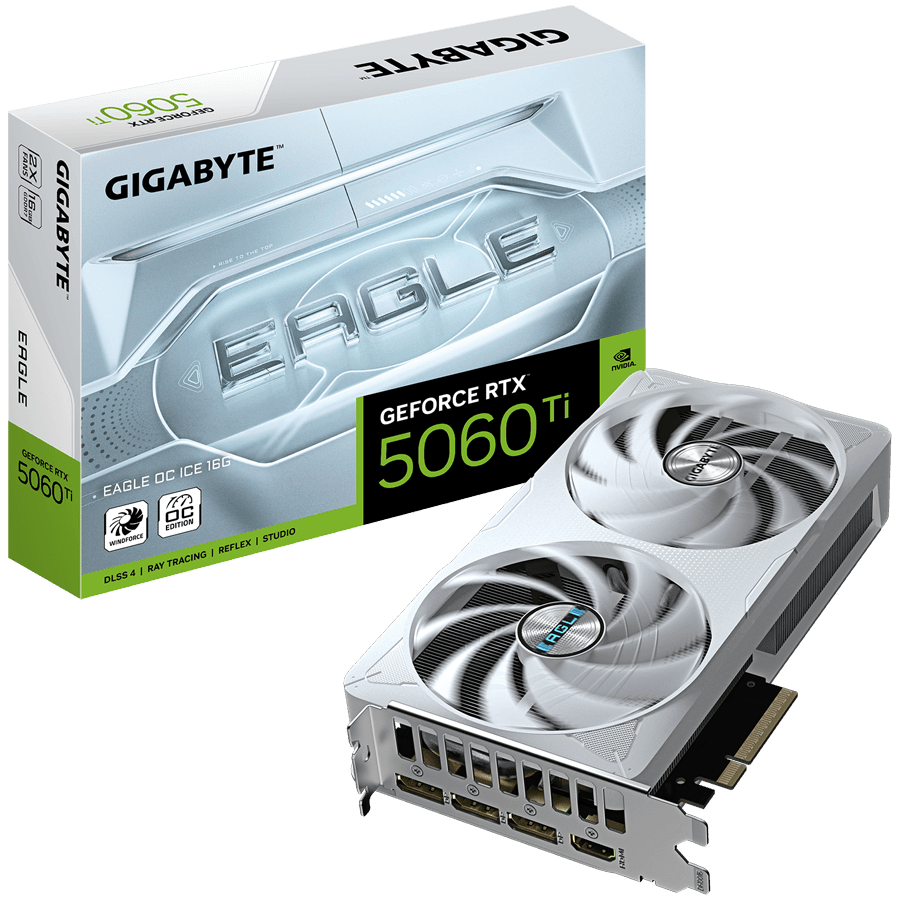 GIGABYTE Video Card NVIDIA GeForce RTX 5060 Ti EAGLE OC ICE 16G (16GB GDDR7/128bit, PCI-E 5.0, 1x 8Pin Power connector, Recommended PSU 650W, 3xDP, 1x HDMI)