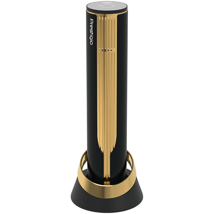 Prestigio Maggiore, smart wine opener, 100% automatic, opens up to 70 bottles without recharging, foil cutter included, premium design, 480mAh battery, Dimensions D 48*H228mm, black + gold color.
