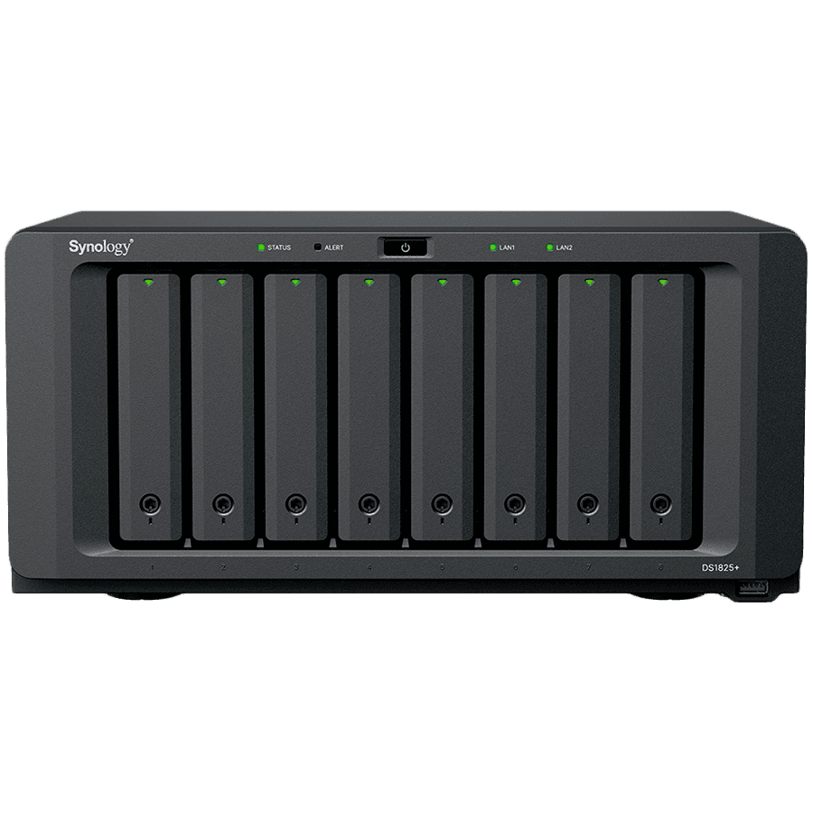 Synology DiskStation DS1825+, Tower, 8-BAY 3.5'' SATA HDD/SSD,  2xM.2 2280 NVMe SSD, CPU AMD Ryzen Quad-Core 2.2 GHz, 8GB DDR4, 2xRJ-45 2.5GbE LAN Port, 3xUSB 3.2, 2 x USB-C expansion ports (Expandable to 18 Bays with 2 x DX525), 1xGen3 x8 PCIe,3y