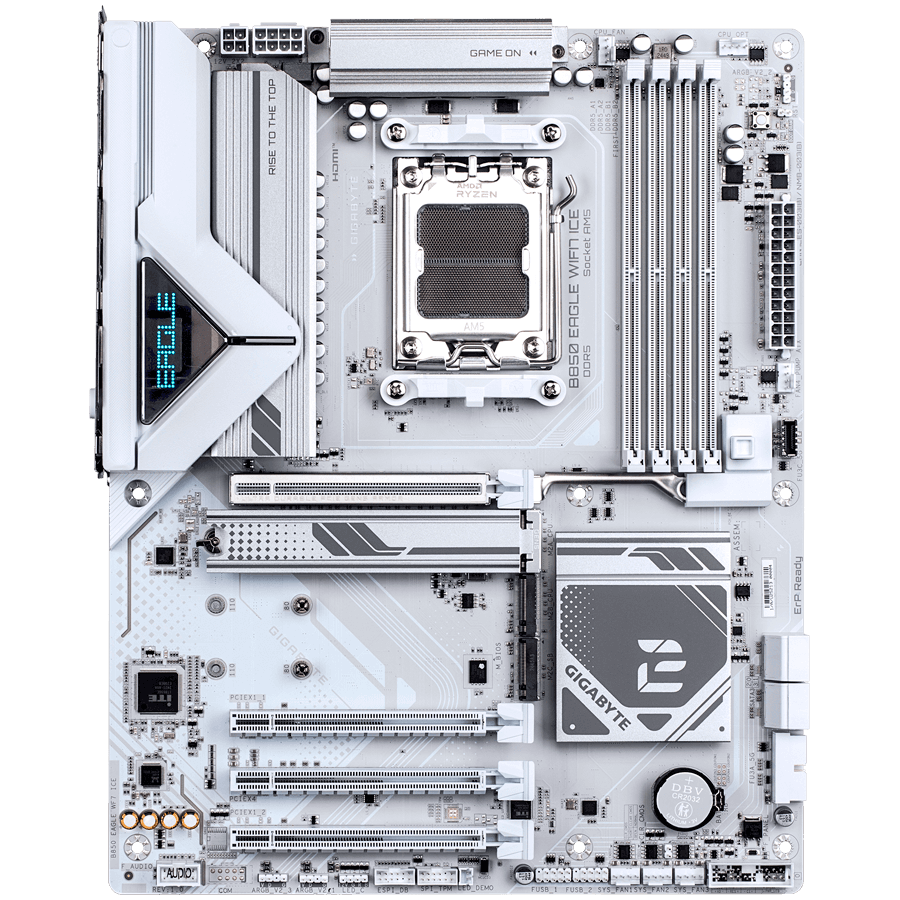 GIGABYTE Mainboard Desktop B850 EAGLE WF7 ICE (AM5, 4x DDR5 256GB, 1x PCI-E 5.0 x16x16, 1x PCI-E 4.0 x16x4, 2x PCI-E 3.0 x16x1, 3x M.2, 4x SATA, 1x USB Type-C, 2x USB 3.2 Gen2, 2x USB 3.2 G1, 4x USB 2.0, 1x HDMI, 1x DP, Wi-Fi 7, BT 5.4, 2.5GbE, ATX)