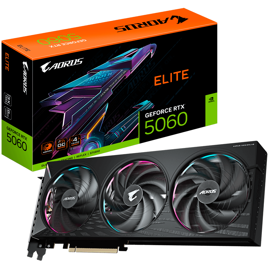 GIGABYTE Video Card NVIDIA AORUS GeForce RTX 5060 ELITE 8G (8GB GDDR7/128bit, PCI-E 5.0, 1x 8Pin Power connector, Recommended PSU 500W, 3xDP, 1x HDMI, Retail)