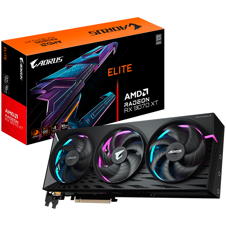 GIGABYTE Video Card AMD Radeon AORUS RX 9070 XT ELITE 16G (16GB GDDR6/256bit, PCI-E 5.0, Recommended PSU 850W, 3x 8pin Power connector, 2x DP, 2x HDMI)