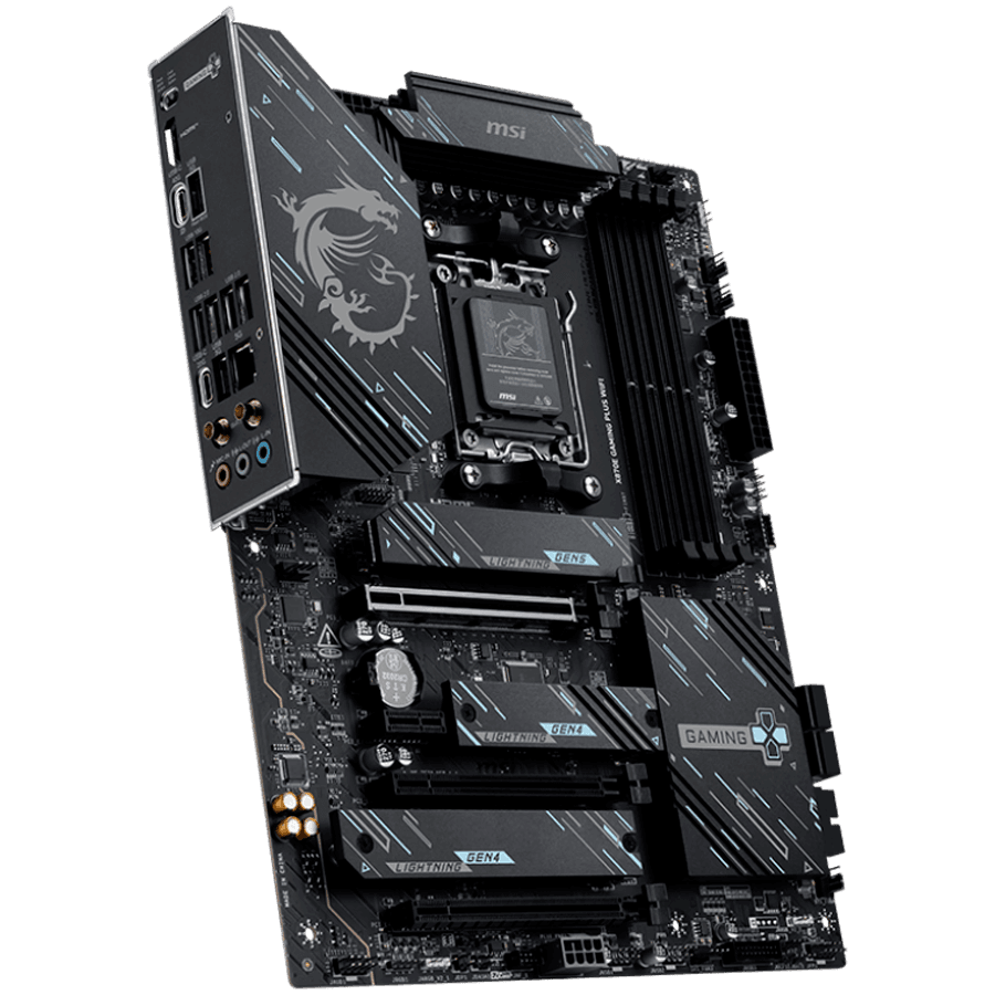 MSI X870E GAMING PLUS WIFI, ATX, Socket AM5, 4x DDR5 Dual Channel DDR5 up to 8200(OC)MHz, 3x PCIe x16 slot, 3x M.2 slot, 4x USB 2.0, 2x USB 5Gbps, 2x USB 10Gbps, 1x 20Gbps Type-C, 1x 40Gbps Type-C, HDMI, 7.1 HD Audio, 5G LAN, WiFI 7, BT, 3Y