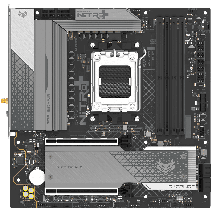 SAPPHIRE AMD B850M AM5 NITRO+ Ryzen R9/R7/R5, 4x DDR5 8000MHz, PCIE 5.0 x 16, 1x M.2 Gen5, 1x M.2 Gen4, LAN 2.5 Gbps, WIFI6, USB, Micro-ATX