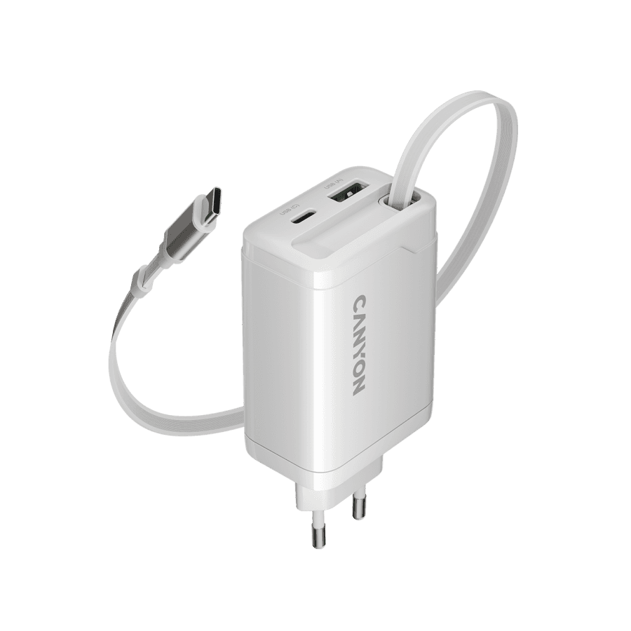 CANYON charger OnCharge 65RC Build-In Cable USB-C 65W 1xPD 1xQC EU White