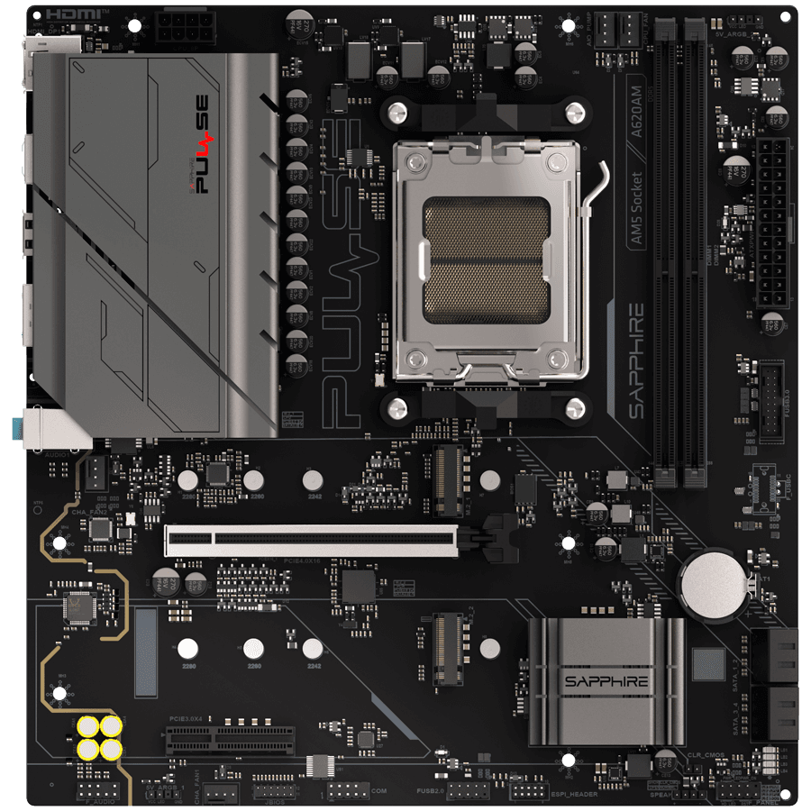 SAPPHIRE AMD PULSE A620AM Ryzen R3/R5, 2x DDR5, PCIE 4, 1x M.2 Gen4, 1x M.2 Gen3, LAN 1 Gbps, USB, MATX