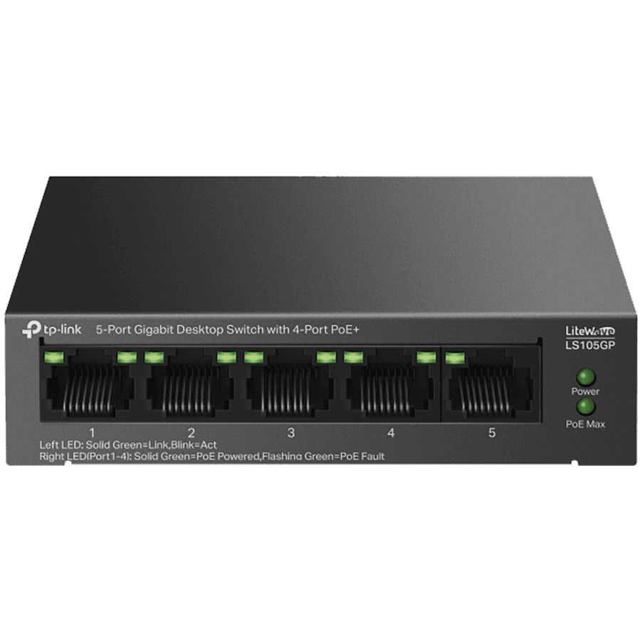 TP-Link LS105GP 5-Port Gigabit Desktop Switch with  4-Port PoE+, 4x Gigabit PoE+ Ports, 1x Gigabit Non-PoE Port, 802.3af/at, 65 W PoE Power, Desktop Steel Case, Extend Mode for 250m PoE Transmitting, PoE Auto Recovery, Plug and Play