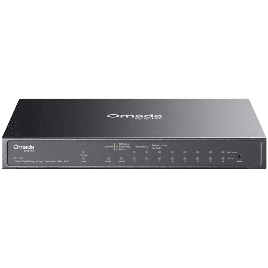 TP-Link ES210GP Omada 10-Port Gigabit Easy Managed Switch with 8-Port PoE+, 8x Gigabit PoE+ Ports, 1x Gigabit Non-PoE Ports, 1x Combo Gigabit RJ45/SFP Port, 63 W PoE Power, Desktop Steel Case and Fanless, Omada App. Flow Control, Loopback Detection