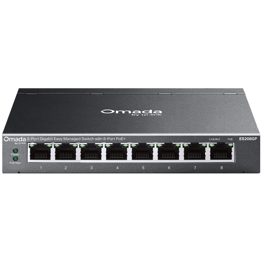 TP-Link ES208GP Omada 8-Port Gigabit Easy Managed Switch with 8-Port PoE+, 8x G PoE+ Ports, 802.3at/af, 64 W PoE Power, Desktop Steel Case and Fanless,Omada App, Flow Control, Loopback Detection, Port Isolation, Port Mirroring, LAG, VLAN, IGMP Snoop