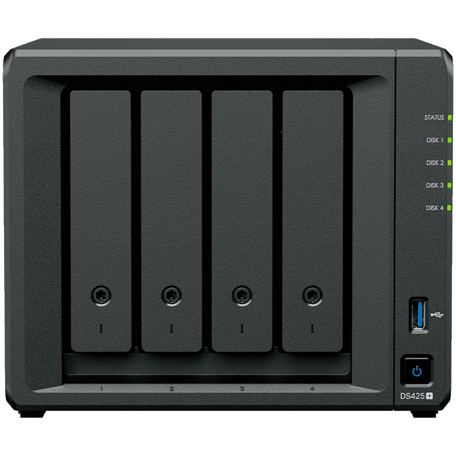 Synology DiskStation DS425+ Tower, 4-Bays 3.5'' SATA HDD/SSD, 2 x M.2 2280 NVMe SSD slot, CPU Intel Celeron J4125  4-core 2.0 GHz, 2 GB DDR4 non-ECC SODIMM, 1x RJ-45 2.5 GbE LAN, 1x RJ-45 1GbE LAN Port; 2x USB 3.2;  2.18 kg; 3yr warranty