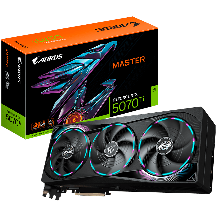 GIGABYTE Video Card NVIDIA GeForce RTX 5070 Ti AORUS MASTER 16G (16GB GDDR7/256bit, PCI-E 5.0, Recommended PSU 750W, 3xDP, 1xHDMI) ATX