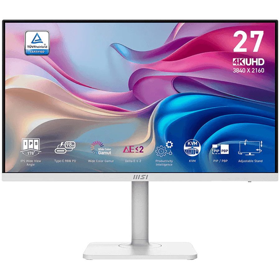 MSI Modern MD272UPHW, 27", IPS, UHD, 60Hz, 4ms, 400nits, 10 bit, DisplayHDR 400, HDMI, DP, USB Type C w/ 98W PD, Speakers, Tilt, Swivel, Pivot, Height Adjustment, White