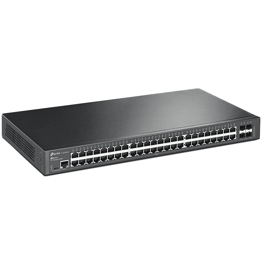 Omada 48-Port Gigabit L2+ Managed Switch 48× Gigabit RJ45 Ports, 4× 10G SFP+ Slots, RJ45/Micro-USB Console Port 1U 19-inch Rack-mountable Steel Case Integration with Omada SDN Controller
