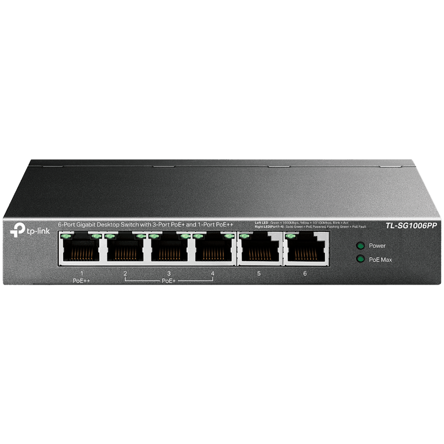 6-Port Gigabit Desktop Switch with 3-Port PoE+ and 1-Port PoE++PORT: 1× Gigabit PoE++ Port, 3× Gigabit PoE+ Ports, 2x Gigabit Non-PoE PortsSPEC: 802.3af/at/bt type3, 64 W PoE Power, Desktop Steel CaseFEATURE: Extend Mode for 250m PoE Transmittin
